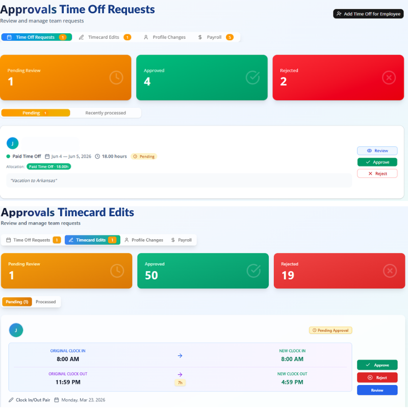 Approvals dashboard showing Time Off Requests and Timecard Edits tabs with pending, approved, and rejected counts
